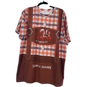 Samuel Adams Mens XL Oktoberfest Lederhosen Graphic T-Shirt Orange Brown Beer‎